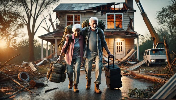 5 Must-Have Items for a Bug Out Bag. Two Elderly People Walking Away from Their Damaged Home Carrying Their Bug Out Bags.