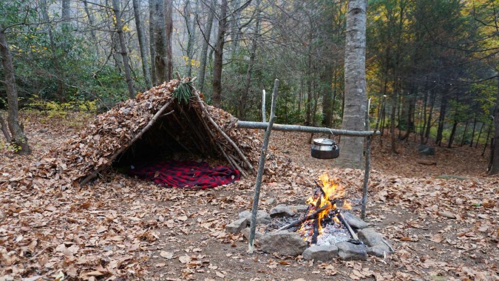 10 SKILLSSHELTERShelter made of branches and leaves.