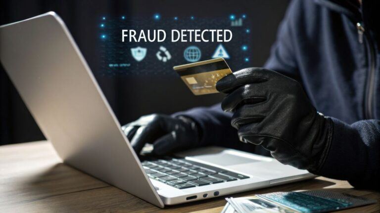 cybercriminal in black gloves holds stolen credit card near laptop, committing fraud How to Plan for Identity Theft Prevention: Your Shield Against the Swipe