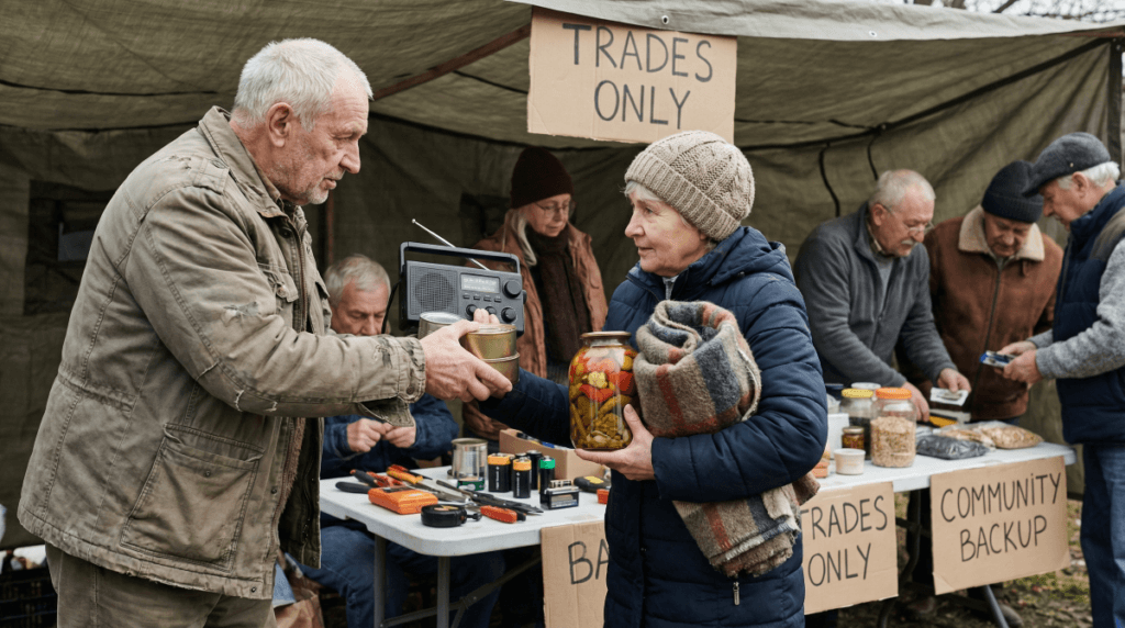 Barter is a fallback currency system that shows up any time normal commerce fails.  In a survival situation people trade for food and ammo. Plus they trade convenience, comfort, relief items.