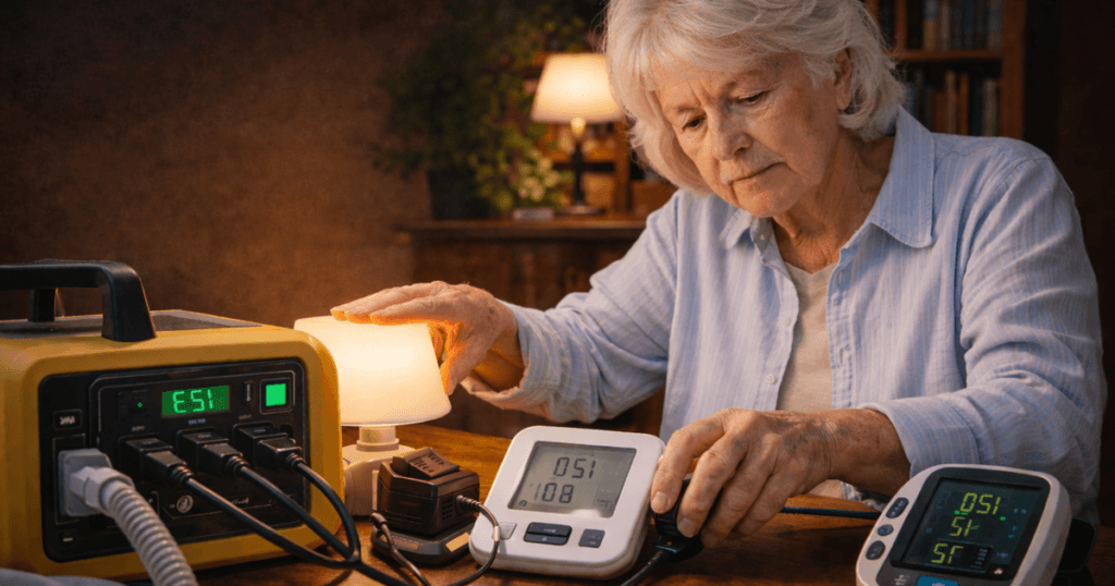senior woman reconnecting power after outage using generator preparedness
