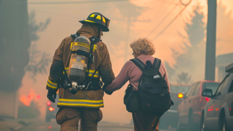 Senior Woman being led to safety by firefighter. Evacuation Planning for Seniors: How to Leave Quickly and Safely in an Emergency