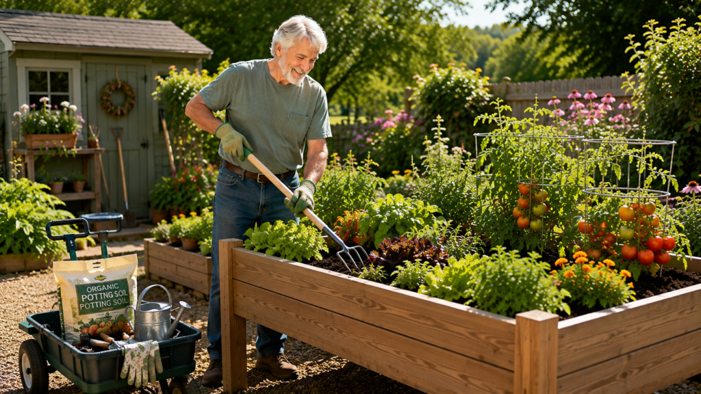 GARDENING WITHOUT PAIN SERIES. MAN WORKING IN A GARDEN. Use Equipment That Does More of the Work