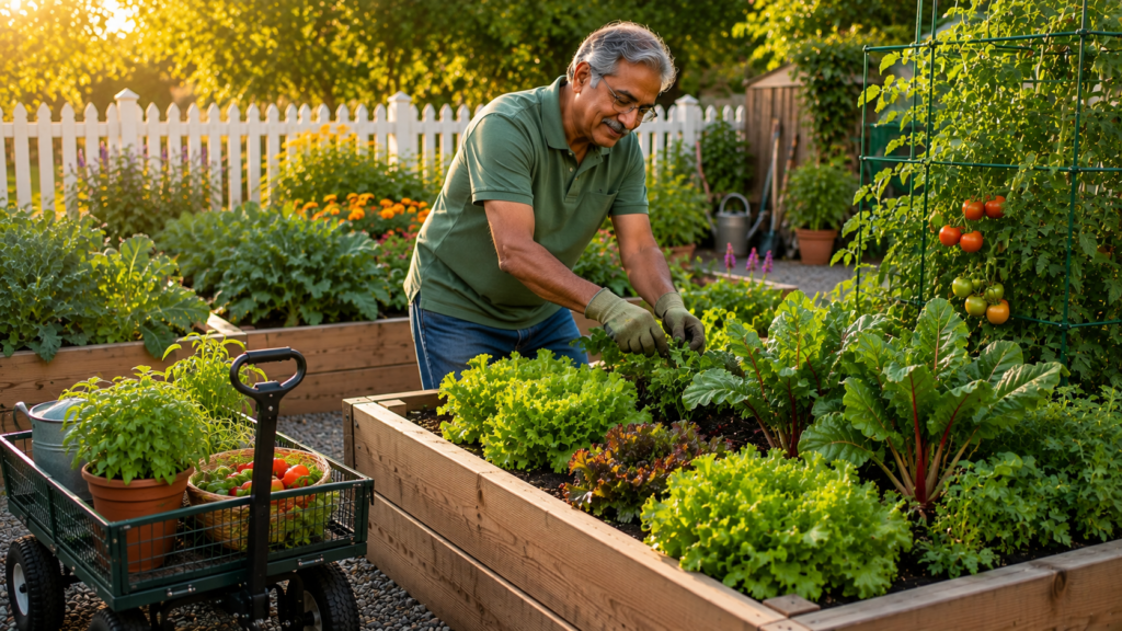 Planning a Low-Maintenance Garden: Grow More while Working LessMan working in his low-maintenance garden.