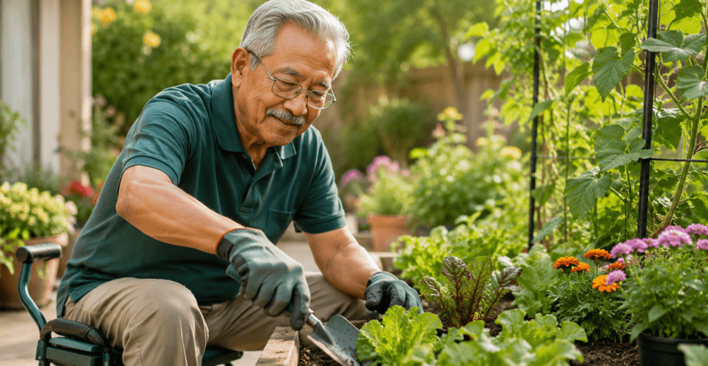 Gardening with Parkinson's Disease: Keep Gardening Safely at Your Own Pace Man with Parkinson's Disease happily tending his garden.