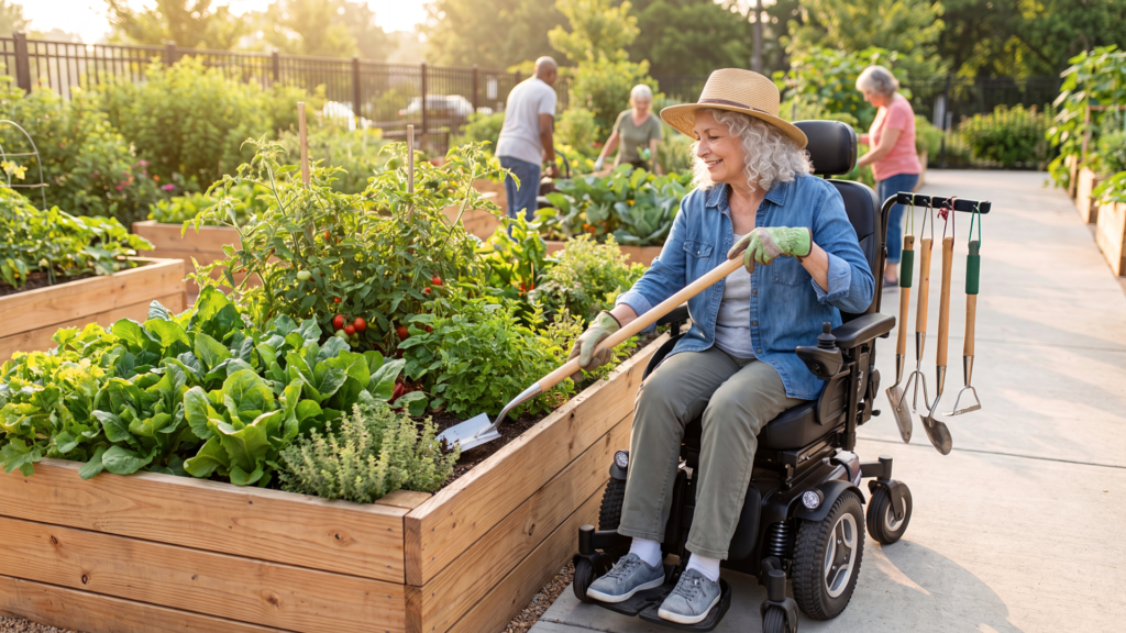 SENIOR-FRIENDLY-VEG-GARDENGardening in a wheelchair. This garden was designed with space for mobility.