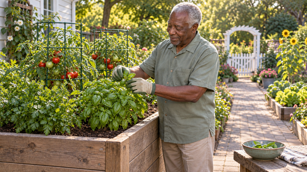 Companion Planting for Seniors: Simple Garden PairingsSenior man harvesting basil beside a tomato plant growing in a separate container.