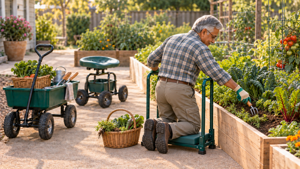 Garden Carts, Kneelers, and Rolling Seats for SeniorsMan on his kneeler working in his garden.