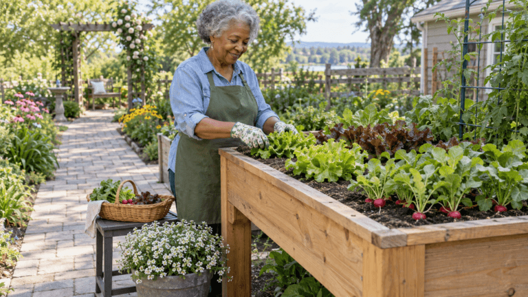 Companion Planting for Seniors: Simple Garden Pairings Senior woman tending lettuce and radishes in a raised garden bed beside a flowering container.