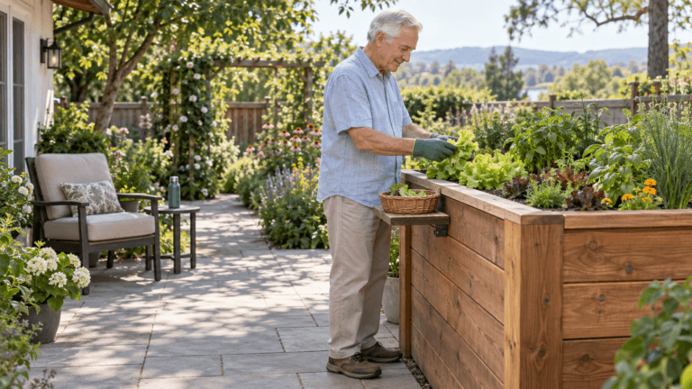 How to Pace Yourself While Gardening Senior man taking a seated break beside a raised vegetable garden with water and gardening supplies nearby.