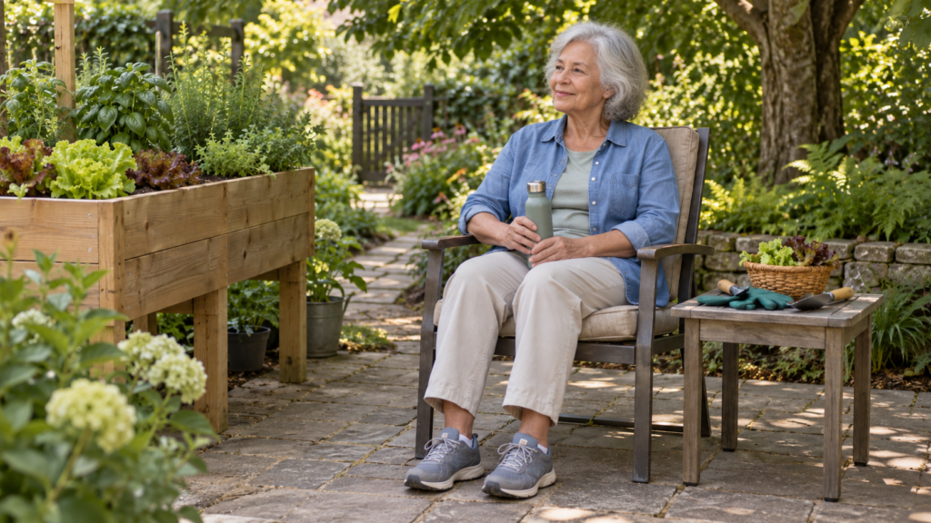 How to Pace Yourself While Gardening Senior man harvesting a few lettuce leaves from a raised bed with a shaded resting chair nearby.
