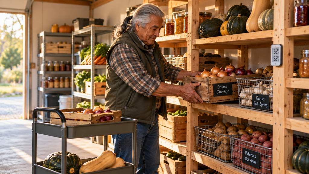 Man working in his Root Cellar/Harvest Pantry Workshop.
